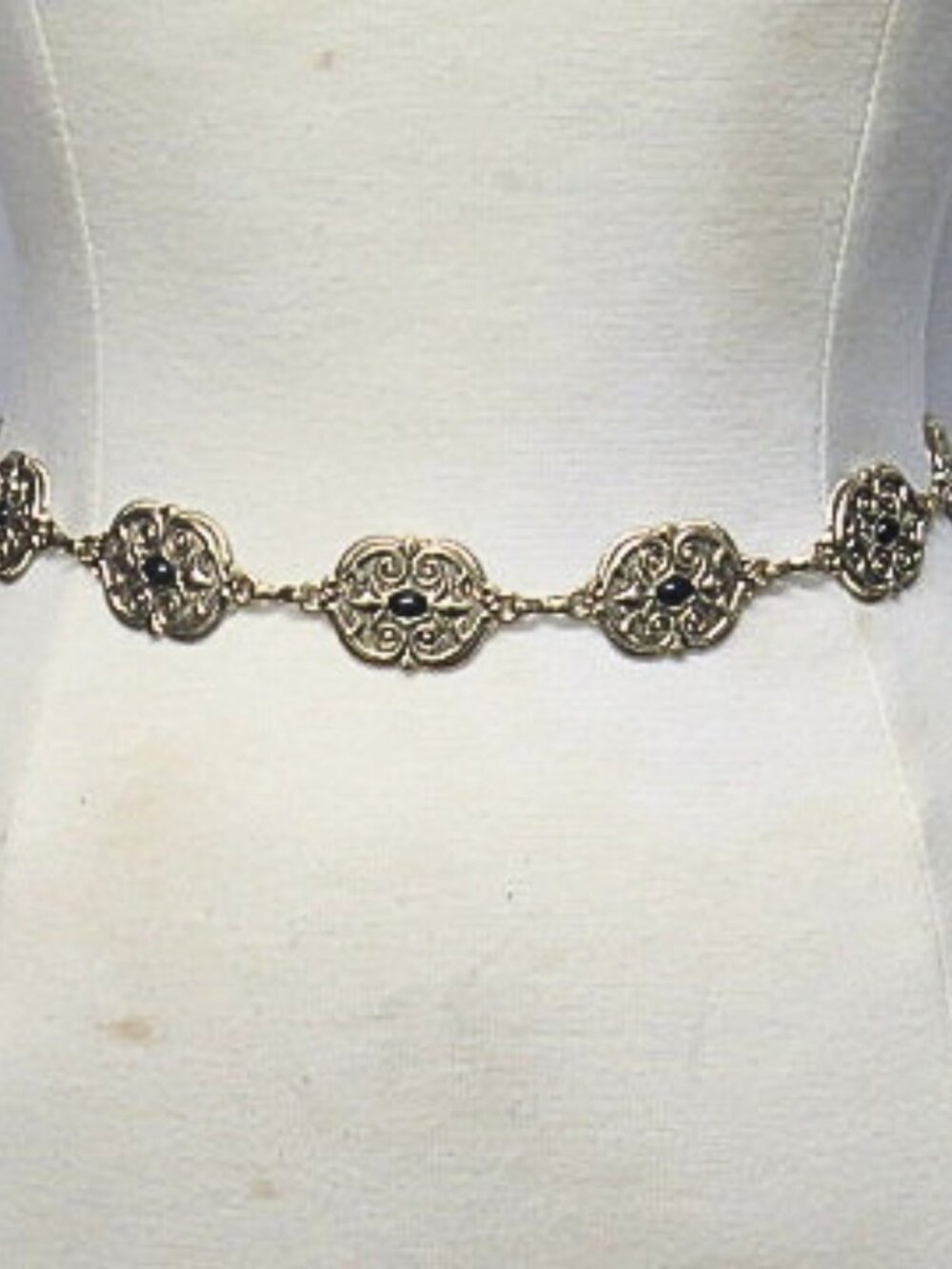 Gold Tone Filigree Medallion Chain Belt Black Stone Adjustable Waist Belt